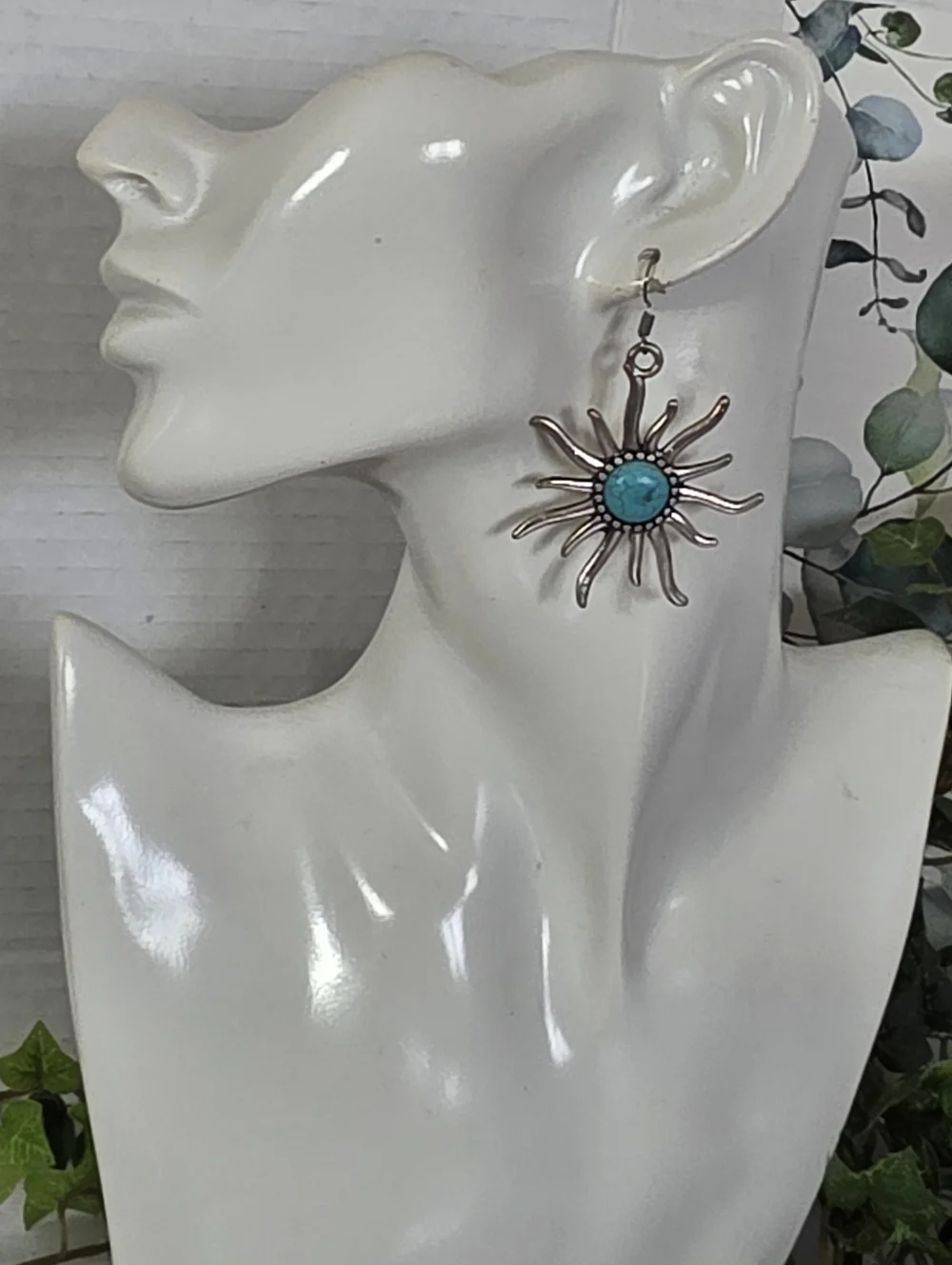Boho Southwestern Silver Sunburst Dangle Earrings with Turquoise Style Stone